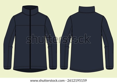 Funnel neck full zip through activewear performance sportswear navy colour jacket outline CAD mockup fashion flat sketch.