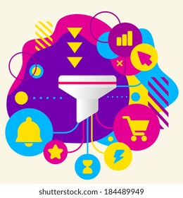 Funnel on abstract colorful spotted background with different icons and elements. Flat design
