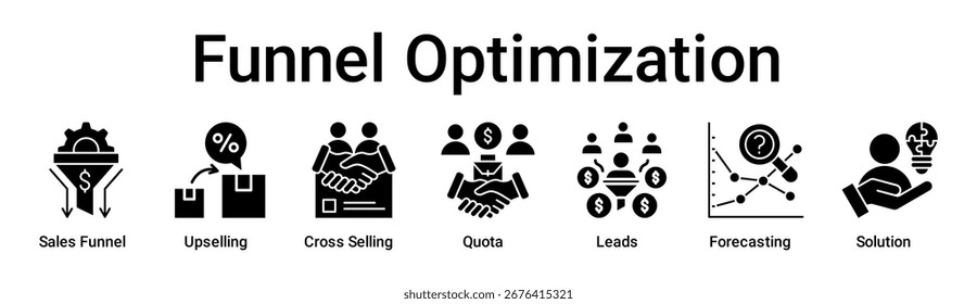Funnel Optimierung Banner Web-Symbol Vektorgrafik-Konzept für Unternehmen mit Symbol des Verkaufs Funnel, Upselling, Cross Selling, Quote, Leads, Forecasting.