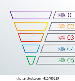 Funnel outline infographics template. 5 steps, options or levels funnel. Marketing, sales and business infographic design elements. Colorful vector illustration.