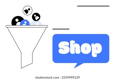 Funnel with people icons leading to speech bubble with Shop text highlights customer conversion and e-commerce concept. Ideal for digital marketing, online business, sales strategy, e-commerce