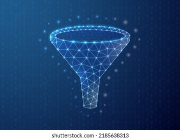 Funnel polygonal symbol with binary code background. Data filter concept design vector illustration. Blue Big data low poly symbol with connected dots
