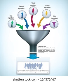 Funil modelo de apresentação com espaço para diferentes elementos, e silhuetas de pessoas de negócios