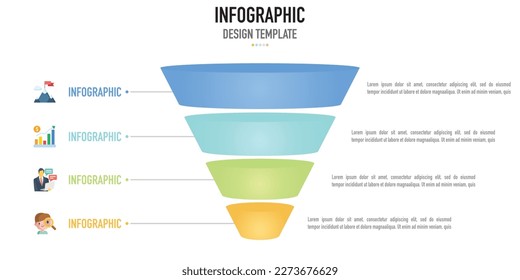 Funnel, pyramid infographic business template or element with 4 connected step or process, icons and 3D layer on white background for slide or presentation, simple, modern, minimal style, timeline