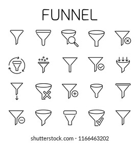 Funnel related vector icon set. Well-crafted sign in thin line style with editable stroke. Vector symbols isolated on a white background. Simple pictograms.