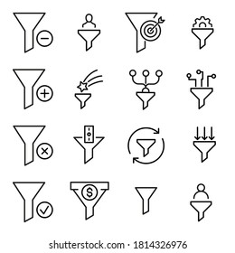Funnel-bezogene Vektorsymbol-Set. Gut präpariertes Schild im dünnen Linienstil mit bearbeitbarem Strich. Vektorsymbole einzeln auf weißem Hintergrund. Einfache Piktogramme.