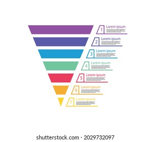 Funnel sale. Chart of marketing. Pyramid for infographic of process. Diagram with cone and step. Graphic template for funnel sales. Graph with level, option and target. Business hierarchy. Vector.