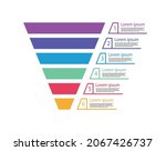 Funnel sale. Pyramid for infographic of process. Chart of marketing. Diagram with cone and step. Graphic template for funnel sales. Graph with level, option and target. Business hierarchy. Vector.