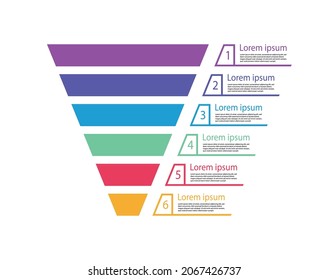 Funnel sale. Pyramid for infographic of process. Chart of marketing. Diagram with cone and step. Graphic template for funnel sales. Graph with level, option and target. Business hierarchy. Vector.