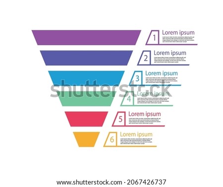 Funnel sale. Pyramid for infographic of process. Chart of marketing. Diagram with cone and step. Graphic template for funnel sales. Graph with level, option and target. Business hierarchy. Vector.