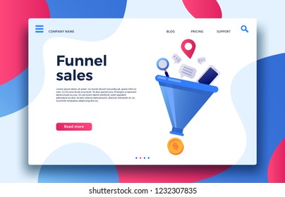 Funnel sales. Landing page business marketing sales generation, buyer conversion and money profit generations or business purchase infochart. Marketing infographic vector illustration
