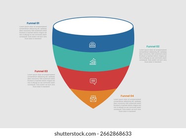 Diagrama de infografía de proceso empresarial de forma de embudo con cuenco ovalado con borde afilado con 4 pasos para Vector de presentación de diapositivas