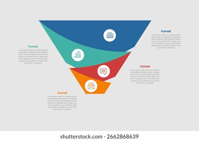 funnel shape business process infographic diagram with creative funnel with unbalance slice and dot circle badge with 4 step for slide presentation vector