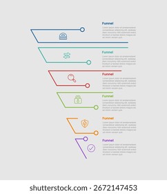 Diagrama de infografía de proceso de negocio de forma de embudo con forma de media forma cortada con forma de línea de contorno con 6 pasos para el Vector de presentación de diapositivas