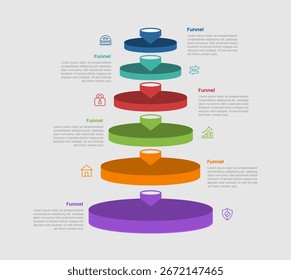 Diagrama de infografía de proceso de negocio de forma de embudo con forma de círculo 3D con puntero de flecha Pequeña con 6 pasos para Vector de presentación de diapositivas