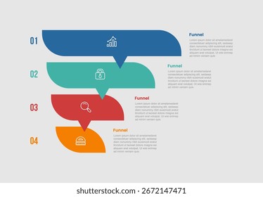diagrama infográfico do processo de negócios da forma do funil com lista empilhada redonda com caixa de discussão do texto explicativo com 4 passos para o vetor da apresentação do slide