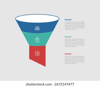 forma de funil diagrama infográfico do processo comercial com forma de funil 3d com posição de pé com 3 passos para o vetor da apresentação de slides
