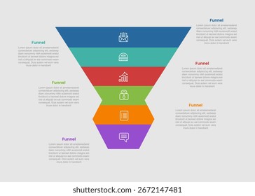 funnel shape business process infographic diagram with unbalance shape with sharp edge with 6 step for slide presentation vector