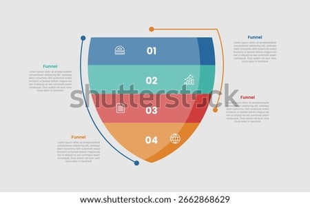 funnel shape business process infographic diagram with bloated shape with dot line outer connection with with 4 step for slide presentation vector