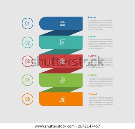 funnel shape business process infographic diagram with balance stacked list with ribbon flip shadow background with 5 step for slide presentation vector