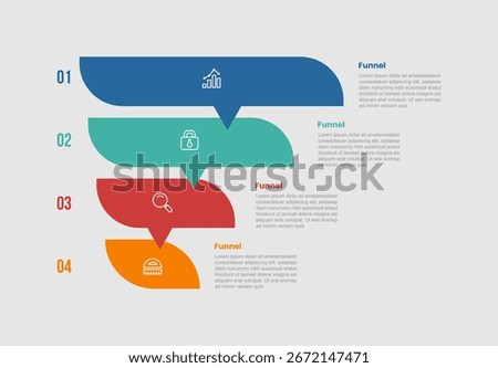 funnel shape business process infographic diagram with round stacked list with callout discussion box with 4 step for slide presentation vector