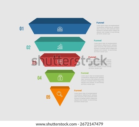 funnel shape business process infographic diagram with 3d shape with thick square shape with 5 step for slide presentation vector