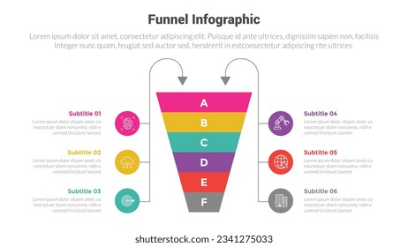 Infografik-Schablonenform mit symmetrischem Balancekreis links und rechts und 6-Punkte-Stufenkreativdesign für die Präsentation der Folie