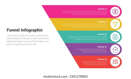 funnel shape infographics template diagram with half funnels or pyramid shape and small circle badge and 5 point step creative design for slide presentation