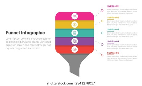 diagrama de plantillas de infografía de forma de embudo con botella inversa cuadrada redonda y diseño creativo de 5 pasos para presentación de diapositivas