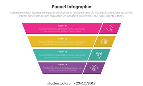 diagrama de plantillas de infografía de forma de embudo con forma piramidal inverso y diseño creativo de 4 pasos para presentación de diapositivas