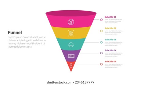 funnel shape infographics template diagram with 3d funnels pointed and 5 point step creative design for slide presentation