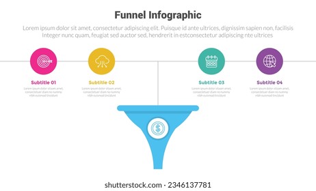 diagrama de plantillas de infografía de forma embudo con embudos y propagación icono de círculo de inserción y diseño creativo de 4 pasos para presentación de diapositivas