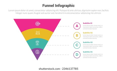 diagrama de plantillas de infografía de forma de embudo con piramide inversa y descripción de círculo pequeño y diseño creativo de 4 pasos para presentación de diapositivas