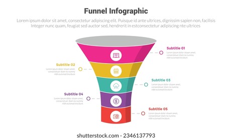 funnel shape infographics template diagram with 3d cylinder funnels and 5 point step creative design for slide presentation