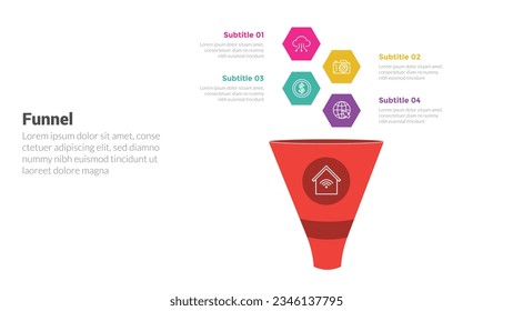 funnel shape infographics template diagram with red funnels and honeycomb shape vertical and 4 point step creative design for slide presentation