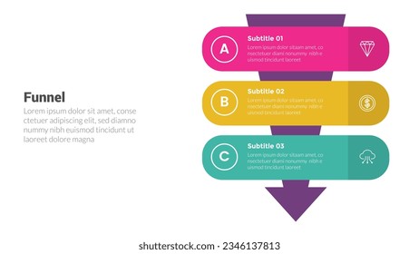 funnel shape infographics template diagram with arrow background and round rectangle shape and 3 point step creative design for slide presentation