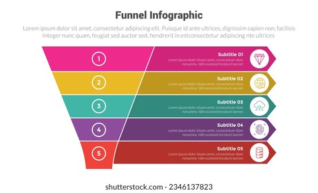 funnel shape infographics template diagram with funnels and folding background description and 5 point step creative design for slide presentation