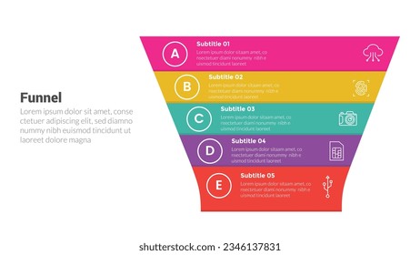 funnel shape infographics template diagram with wide funnels and small circle and 5 point step creative design for slide presentation