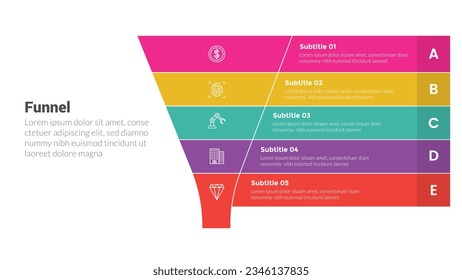 diagrama de plantillas de infografía de forma embudo con embudos y descripción plegable y diseño creativo de 5 pasos para presentación de diapositivas