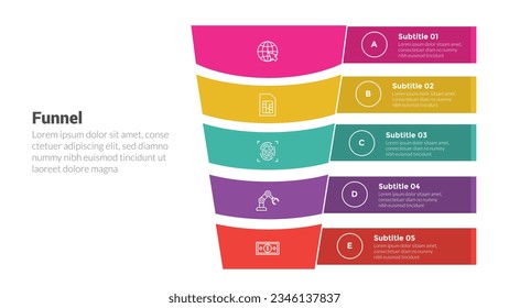funnel shape infographics template diagram with round funnels, and box information folding and 5 point step creative design for slide presentation