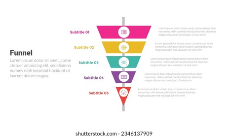 funnel shape infographics template diagram with cutted funnels and small circle badge and 5 point step creative design for slide presentation