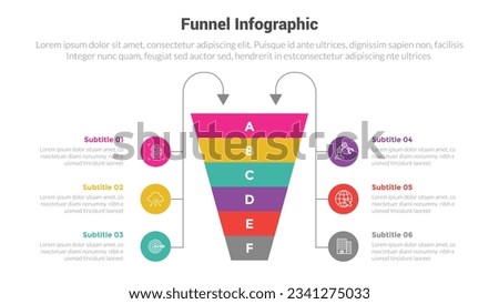 funnel shape infographics template diagram with symmetric balance circle left and right and 6 point step creative design for slide presentation