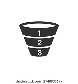 Funnel with stages 1 2 3 icon. Marketing funnel stages and sales pipeline levels. Monochrome black and white symbol