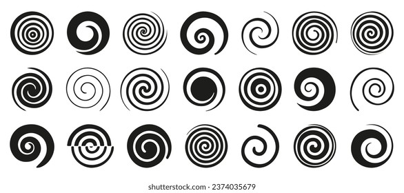 Funnel or swirl icons. Black vortex logo. Set of spiral element. Funnel icon collection