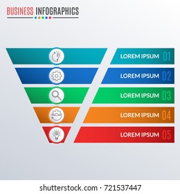 Funnel symbol or cone infographics template. Business pyramid with 5 steps, options or levels. Marketing and sales layout. Vector illustration.