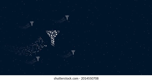 A funnel symbol filled with dots flies through the stars leaving a trail behind. Four small symbols around. Empty space for text on the right. Vector illustration on dark blue background with stars