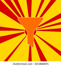 Funnel symbol on a background of red flash explosion radial lines. The large orange symbol is located in the center of the sun, symbolizing the sunrise. Vector illustration on yellow background