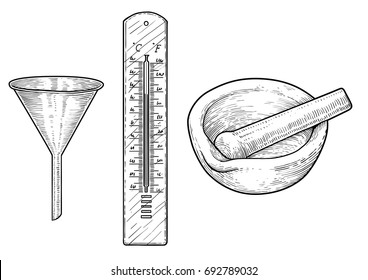 Funnel, thermometer and mortar illustration, drawing, engraving, ink, line art, vector