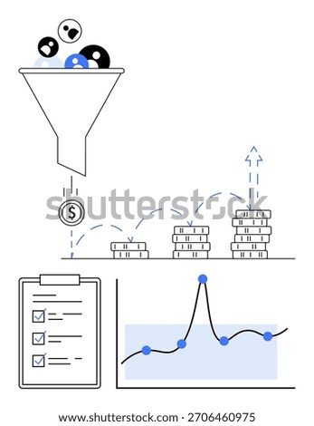 Funnel transforming users into profits, coin symbolizing currency flow, stacked coins, checklist enhancing productivity, line chart tracking performance. Ideal for marketing, finance, business