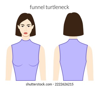 Funnel turtlenecks neckline clothes knits, sweaters character in lavander top, shirt, dress technical fashion illustration fitted. Flat apparel template front, back sides. Women, men unisex CAD mockup